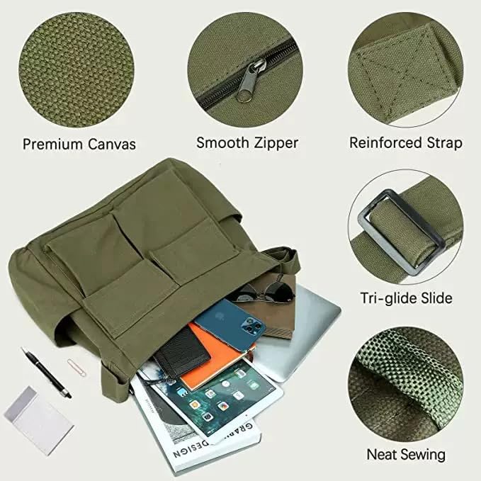 Canvas Messenger Bag Large Crossbody Bag with Multiple Pockets Canvas Shoulder Tote Bag for Women and Men - color: Army Green