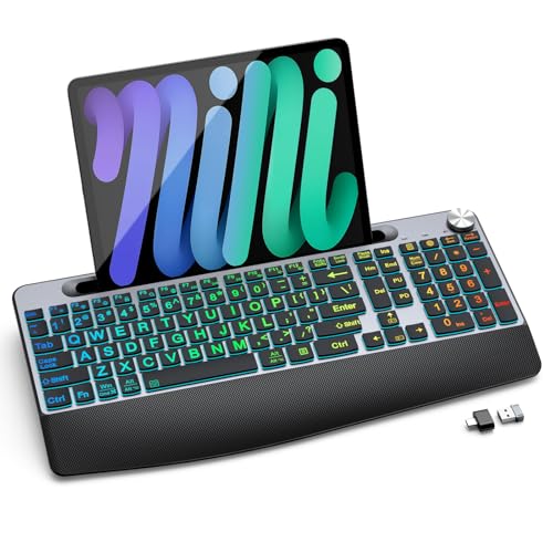 GAMCATZ Large Print Backlit Wireless Keyboard with Wrist Rest-Low-Profile,Phone/Tablet Holder,Rechargeable with Light Up Keyboard,Ergonomic Quiet Computer Keyboard for Desktop,Laptop, PC, Mac-Grey - color: 2-Grey Black