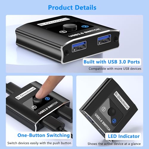 USB 3.0 Switch with 2 USB3.0 Cables, USB Switcher 1 in 2 Out/2 in 1 Out | Bi-Directional Aluminum USB Switcher 2 Computers Share Keyboard Mouse Printer, USB Splitter for Laptop
