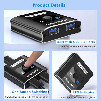 USB 3.0 Switch with 2 USB3.0 Cables, USB Switcher 1 in 2 Out/2 in 1 Out | Bi-Directional Aluminum USB Switcher 2 Computers Share Keyboard Mouse Printer, USB Splitter for Laptop