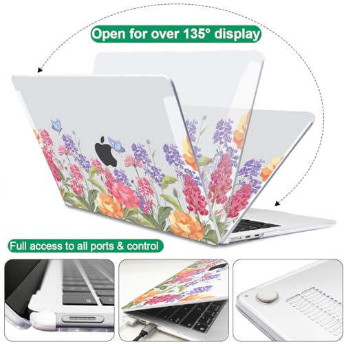 Compatible with MacBook Air 13 inch Case 2026 2025-2022 M5 M4 M3 M2 Chip A3449 A3240 A3113 A2681, Pattern Hard Shell Laptop Case Keyboard Cover for MacBook Air 13.6 M5, Pink & Purple Flowers - color: Pink & Purple Flowers