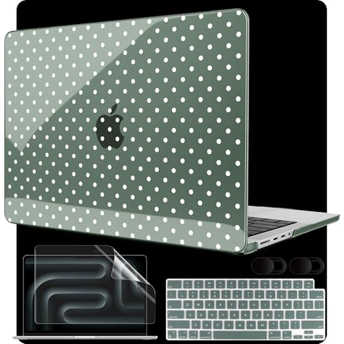 MEEgoodo Case for MacBook Pro 16 inch 2026 2024 2023 2021,Laptop Shell Compatible with M5 M4 M3 M2 M1 Pro/Max Chip,Fit Model A3429/A3428/A3403/A3186/A2991/A2780/A2485,White Polka Dots & Midnight Green - color: White Polka Dots & Midnight Green