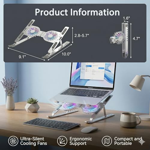 Laptop Cooling Stand with Dual RGB Fans, 7-Level Adjustable Height, Aluminum Ergonomic Laptop Cooler for 11-17'' Notebook (Silver) - color: Silver