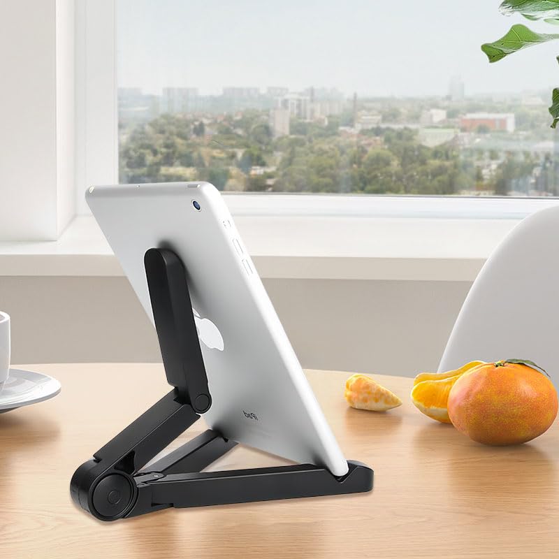Tablet Stand Holder, Foldable Triangular Stand Holder with Dual Axis 180° Adjustable and Non-Slip Mats, Compact Desktop Holders for Universal Phone Laptop Monitors, up to 10" Devices, Black