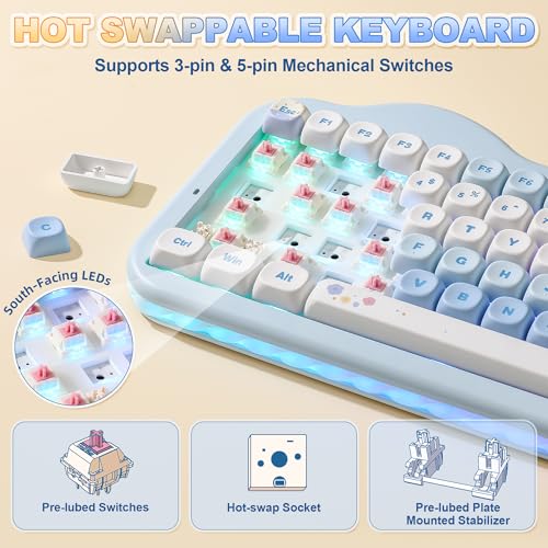 YUNZII C75 Cute 75% Wireless Mechanical Keyboard (Blue, Candy Switch) | Creamy Cake Keyboard, BT5.0/2.4G/USB-C, Hot-Swap, NKRO, PBT MOA Keycaps,5500mAh RGB Gasket Mount for Mac/Win/Gaming/Office - color: Blue, size: Candy Switch