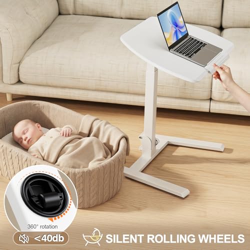 ROMOON Foldable Standing Desk with Wheels: No-Assembly, Height Adjustable | Rolling Laptop Cart with Tilt Top, Collapsible Mobile Workstation for Home Office, Sofa, Bedroom and Small Spaces, White - color: White