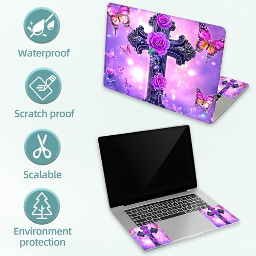 Universal Laptop Skin Decal, 3-Piece Vinyl Protector for 12 13 14 15.6" Notebook, Waterproof Anti-Scratch, Easy Trim & Bubble-Free Finish, Cross with Purple Rose - color: Cross with Purple Rose