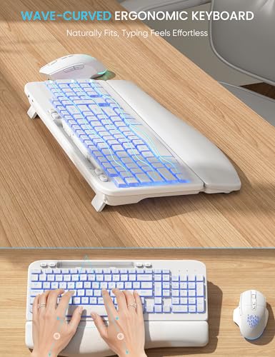 SABLUTE Wireless Keyboard and Mouse Combo - Ergonomic Wave Keyboard with Soft Leather Wrist Rest, Phone Holder, Rechargeable, RGB Backlit Mouse, Full-Size Set for Windows/Mac/Computer (White) - color: White