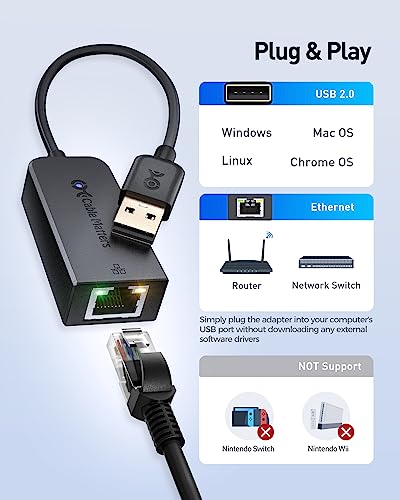 Cable Matters USB 2.0 to Ethernet Adapter, Plug & Play | PXE MAC Address Clone, 10/100 Mbps, for Laptop, No Power/Charging, Not for Roku/Fire TV/Nintendo - size: 1-Pack