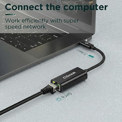 QGeeM USB C to Ethernet Adapter, 1000Mbps Gigabit RJ45 LAN Network Dongle, Thunderbolt 4/3 Compatible, Braided Nylon Aluminum Case for iPhone 17 16 15 Pro Max, MacBook Pro/Air M3 M2, iPad, XPS - Black - color: Black