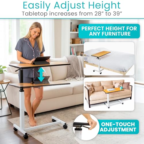 Vive Overbed Table (XL) - Hospital Bed Table - Swivel Wheel Rolling Tray | Adjustable Over Bedside Home Desk - Laptop, Reading, Eating Breakfast Cart Stand - Bedridden, Elderly (Brown) - style: Standard