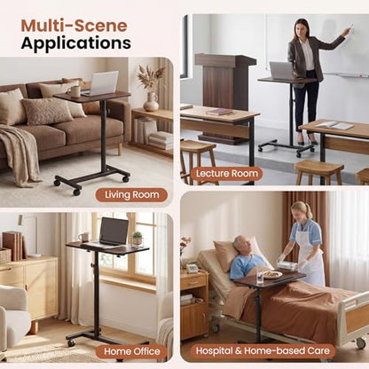 GIANTEX Overbed Table with Wheels, Medical Adjustable Bedside Table, Walnut | Mobile Standing Desk, Portable Laptop Table for Small Spaces, Bed Trays Table for Eating Home and Hospital - color: Walnut