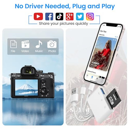 SD Card Reader for iPhone iPad Mac, USB-C & Lightning & USB-A 3-in-1 MicroSD/SD Adapter, High-Speed Plug & Play USB C Memory Card Reader for Digital Camera Trail Camera, USB-A Laptop Computer