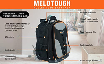 MELOTOUGH Wheeled Rolling Tool Backpack Heavy Duty for Tradesman | Heavy-Duty Water-Resistant 600D, 37 Pockets & Large Interior, Smooth Wheels & Telescoping Handle, Pro Tool Organizer - color: Grey