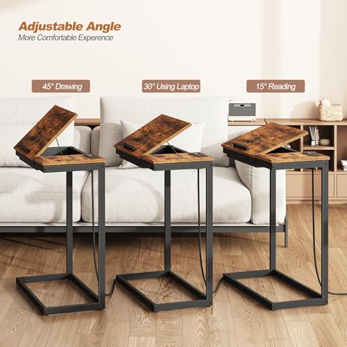 TUTOTAK Large C Shaped End Table, Side Table with Charging Station C Table | Tilting Laptop Stand with Storage, Computer Couch table for Living Room, Bedroom, Brown TB01BB090 - color: Brown, style: Plug