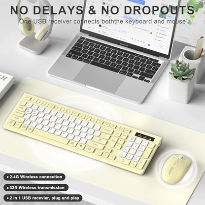 Wireless Keyboard and Mouse Combo, Full-Sized Wireless Keyboard and Adjustable DPI Mouse, 2.4GHz USB Receiver, Silent Keyboard and Mouse for PC, Windows, MAC, Desktop, Laptop (Canary Yellow-B) - color: Canary Yellow-B