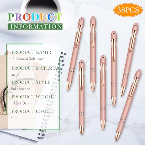 Zonon 38 Pieces Rubberized Ballpoint Pen with Stylus Tip Stylish Metal Pen Capacitive Styli with Soft Rubberized Grip, Black Ink for Most Devices(Rose Gold) - color: Rose Gold