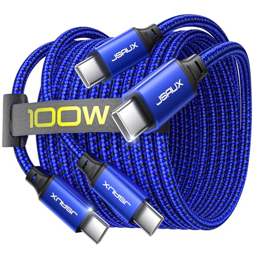 JSAUX 100W USB C to USB C Cable [2-Pack 10FT], PD Fast Charging, Blue | 100 Watt Fast Charger, Braided Type-C Cords for iPhone Air/17e/17/16/15 Series, Galaxy S/Note Series, MacBook and iPad - color: Blue, size: 10ft+10ft