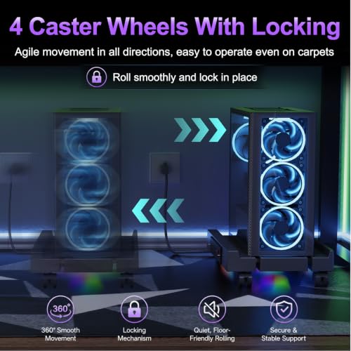 Computer Tower Stand with Charging Station, Cooler Fan and Light, Adjustable PC Stand for Floor, Mobile CPU Stand with 4 Caster Wheels, Under Desk CPU Holder Fits Most PC Tower - style: Socket + Fan