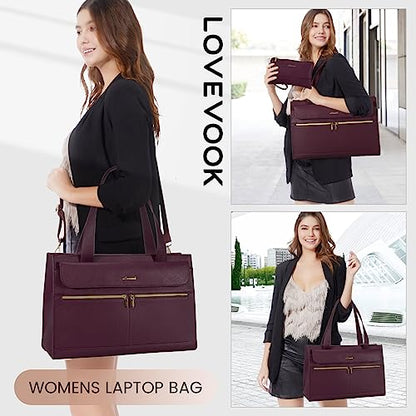 LOVEVOOK Laptop Tote for Women - 15.6 Inch Professional Leather Computer Briefcase, Waterproof Shoulder Bag, Large Capacity Business Teacher Office Bag, Crossbody Purse - Fuchsia - color: 135# Fuchsia, size: 15.6 Inch