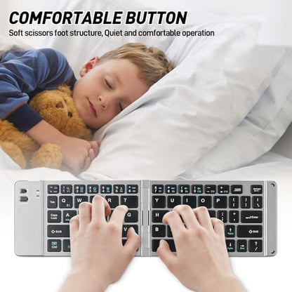Mini Rechargeable Foldable Bluetooth Keyboard and Mouse Combo, Portable (Sync Up to 3 Devices), Ultra-Slim Travel Folding Keyboard for iPhone iPad Mac Android Windows iOS(Grey) - color: grey
