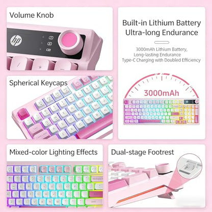 HP K500F Mechanical Gaming Keyboard, 75% Layout with RGB Backlit, Light Sound, Bluetooth/2.4GHz/USB-C Compatible with Windows/Mac/PC - Pink