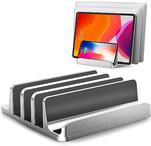 Vertical Laptop Stand for Desk [Updated Version],3-Slot Space-Saving Aluminum Desktop Stand Holder with Adjustable Dock Size Compatible for All MacBook/HP/Dell/Surface/Samsung/Chrome Book(Silver)