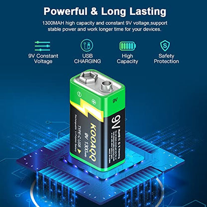 1-Pack Rechargeable 9v Batteries, USB-C Recharge 1300mAh 9 Volt Lithium-ion Long Lasting Power for SmokAlarms, Microphones, Multimeters, Walkie-Talkie, Metal Detector, Toys, with 2 in 1 Charging Cable - size: 1-Pack