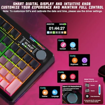 LINGBAO K98 PRO Wireless Mechanical Gaming Keyboard with Screen & Knob | Tri-Mode BT5.0/2.4G/USB-C, Gasket Mount Hot Swappable Linear Switches, RGB Backlit Creamy Sounding for PC/Mac Office& Gaming - color: K98Pro | 10000mAh | Gradient Black Pink