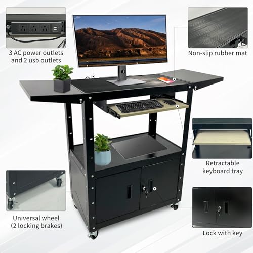 AV Cart with Locking Cabinet and Keyboard Tray, Height Adjustable Rolling Computer Cart with Wheels and Power Strip for Mobile Equipment Workstation Utility Cart(42" x 54" x 20") - size: 42" x 54" x 20"