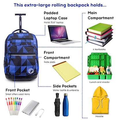 J World Sundance Laptop Rolling Backpack for Girls Boys. Roller Bookbag with Wheels, 20 Inch, Block Navy - color: Block Navy