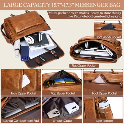 Messenger Bag for Men: Laptop Bag PU Leather Work Briefcase Large Carry On Computer for Office College Travel - color: Pu Brown