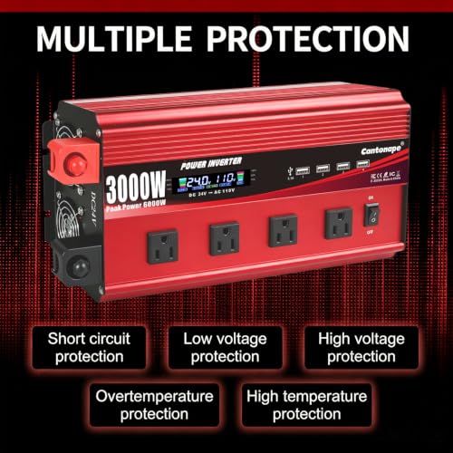 Cantonape 3000W Power Inverter 24V to 110V/120V DC to AC with LCD Display, Remote Controller 4 x AC Outlets and 4 x 3.1A USB Car Adapter for Car Truck Boat RV Solar System - size: 3000W-24V