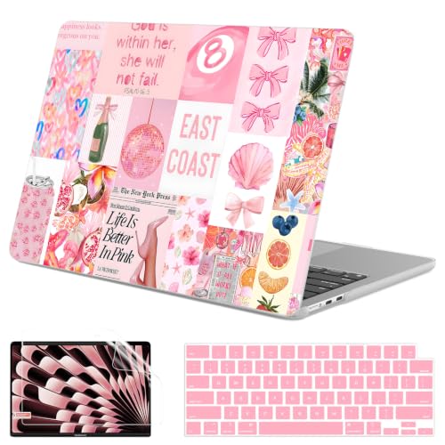 G JGOO Compatible with MacBook Air 15 inch Case 2026 2025 2024 2023 M5 A3448 M4 A3241 M3 A3114 M2 A2941, Protective Laptop Plastic Hard Shell Case + Keyboard Cover + Screen Protector, Pink Collage - color: Pink Collage