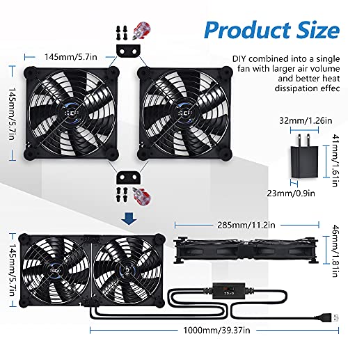 Dual 140mm USB Speed Control Fan, 5V Portable Cooling Fan for Flat-Screen TV Receiver Router DVR PlayStation Xbox Computer Cabinet Cooler - size: USB 140mm fan+USB 5V adapter