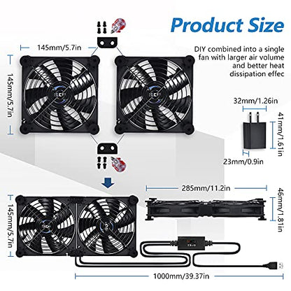 Dual 140mm USB Speed Control Fan, 5V Portable Cooling Fan for Flat-Screen TV Receiver Router DVR PlayStation Xbox Computer Cabinet Cooler - size: USB 140mm fan+USB 5V adapter