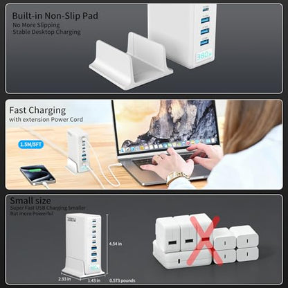 380W GaN III 8-Port Multi-Device USB-C Charger, PD 30W+100W PC Laptop Fast Charging Hub for MacBook/iPhone/iPad/Dell/Steam Deck, w/ 100W Cable, White