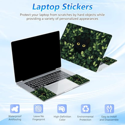 Universal Laptop Skin Sticker Decal with 2 Wrist Pad Skins, Waterproof Scratch Vinyl Cover for 11–15.6 Inch MacBook, HP, Dell, Lenovo, Cutable & Reusable,Black Cat Hiding Leaves - color: Black Cat Hiding Leaves