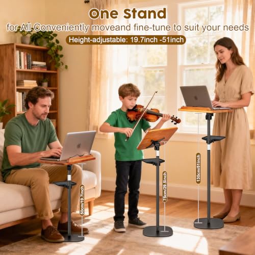 2 in 1 Dual-use Music Stand & Desktop Book Stand, Adjustable Height 16.5"-51", 100% Solid Wood Laptop Floor Stand Book Holder with Elastic Page Clips for Cookbooks (Brown with Tray) - color: Brown With Tray