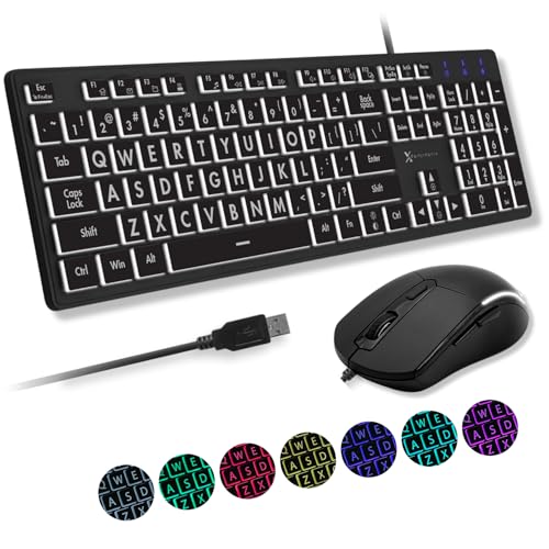 X9 Wired Keyboard and Mouse Combo - Large Print Backlit Keyboard and Mouse for Elderly, Low Vision, Visually Impaired - 7 LED Light Up Color, Lighted Large Letters for Laptop PC Computer USB
