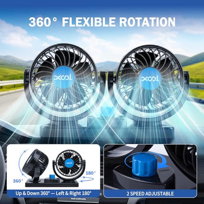 XOOL USB Car Cooling Fans, 2 Speeds Dual Head Car Fan, 360° Rotatable, 5V/2A Powerful Car Fans that Blow Cold Air, Portable Car Fans for Vehicles, SUV, RV, Boat (USB Plug) - size: USB Dual Fan - Front