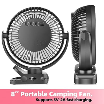 8'' Rechargeable Portable Hanging RV Tent Clip fan with Remote, 10000mAh Camping Fan, 3 Speed, Max 40 Hours Working Time, with LED light and Timer, 720°Rotation, as Emergency Power - Black - style: 8'' Rechargeable Camping Fan