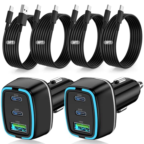 75W USB C Car Charger, 3-Port Super Fast Charging Cigarette Lighte | PD/QC 3.0 Car Cigarette Lighter Adapter for iPhone17/16/15 Pro Max & Samsung Galaxy S26/S25, with 4Pack 3/6.6FT Type-C Cables