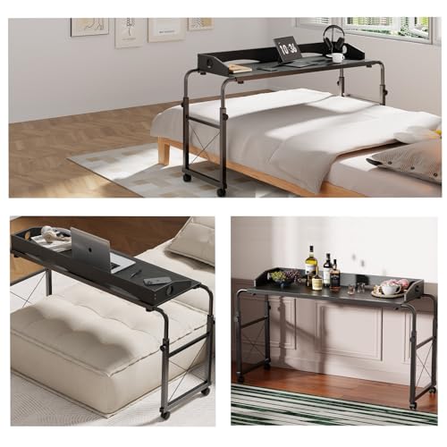 Overbed Table with Wheels, Adjustable Queen Size Bed Desk, Black | Fits Twin To King Beds, Adjustable Height & Length Rolling Over Bed Table For Hospital and Home, with 4 Locking Casters - color: Black