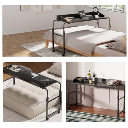 Overbed Table with Wheels, Adjustable Queen Size Bed Desk, Black | Fits Twin To King Beds, Adjustable Height & Length Rolling Over Bed Table For Hospital and Home, with 4 Locking Casters - color: Black
