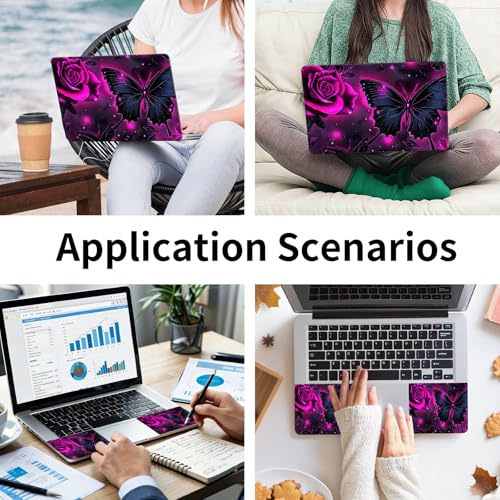15.6 Inch Laptop Skin Sticker, Reusable Vinyl Cover Protector with 2 Wrist Pad Skins, Removable Waterproof Scratch-Resistant for 12-15.6 Inch Laptop Notebook,Purple Rose and Butterfly - color: Purple Rose And Butterfly
