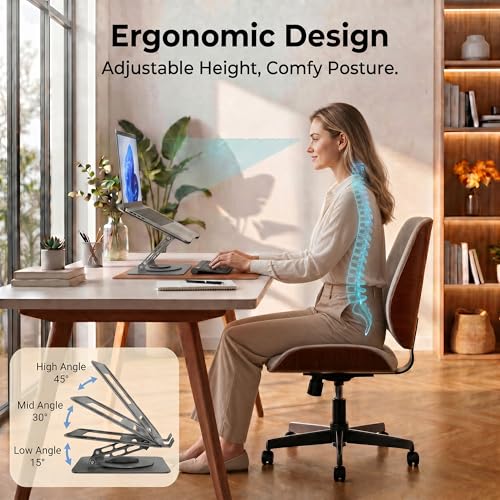 Aluminum Laptop Stand for Desk, Heavy Duty Computer Stand with 360° Rotating Base, Ergonomic Adjustable Height Notebook Riser, Compatible with MacBook Pro/Air, Dell, HP, 10-17” Laptops - Grey - color: Space Gray