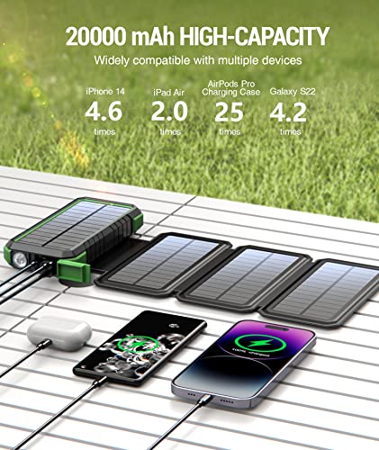BLAVOR Solar Charger Power Bank, PD 18W Fast Charging 20000mAh Battery Pack with 4 Foldable Panels, Portable Solar Powered USB C Charger with Camping Flashlight Compass Carabiner for Cell Phone - color: Green