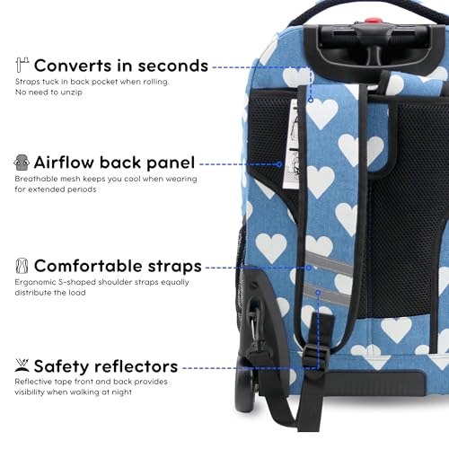 J World Sundance Laptop Rolling Backpack for Girls Boys. Roller Bookbag with Wheels, 20 Inch, Demim Heart - color: Denim Heart