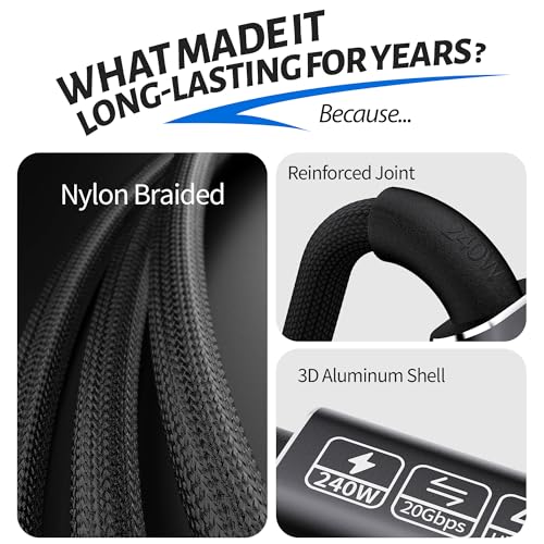 USB-C Cable - 4K Video & Power, 3.2 Gen 2, 20Gbps, 240W PD Fast Charging, 6.6FT Black - size: 6.6 ft